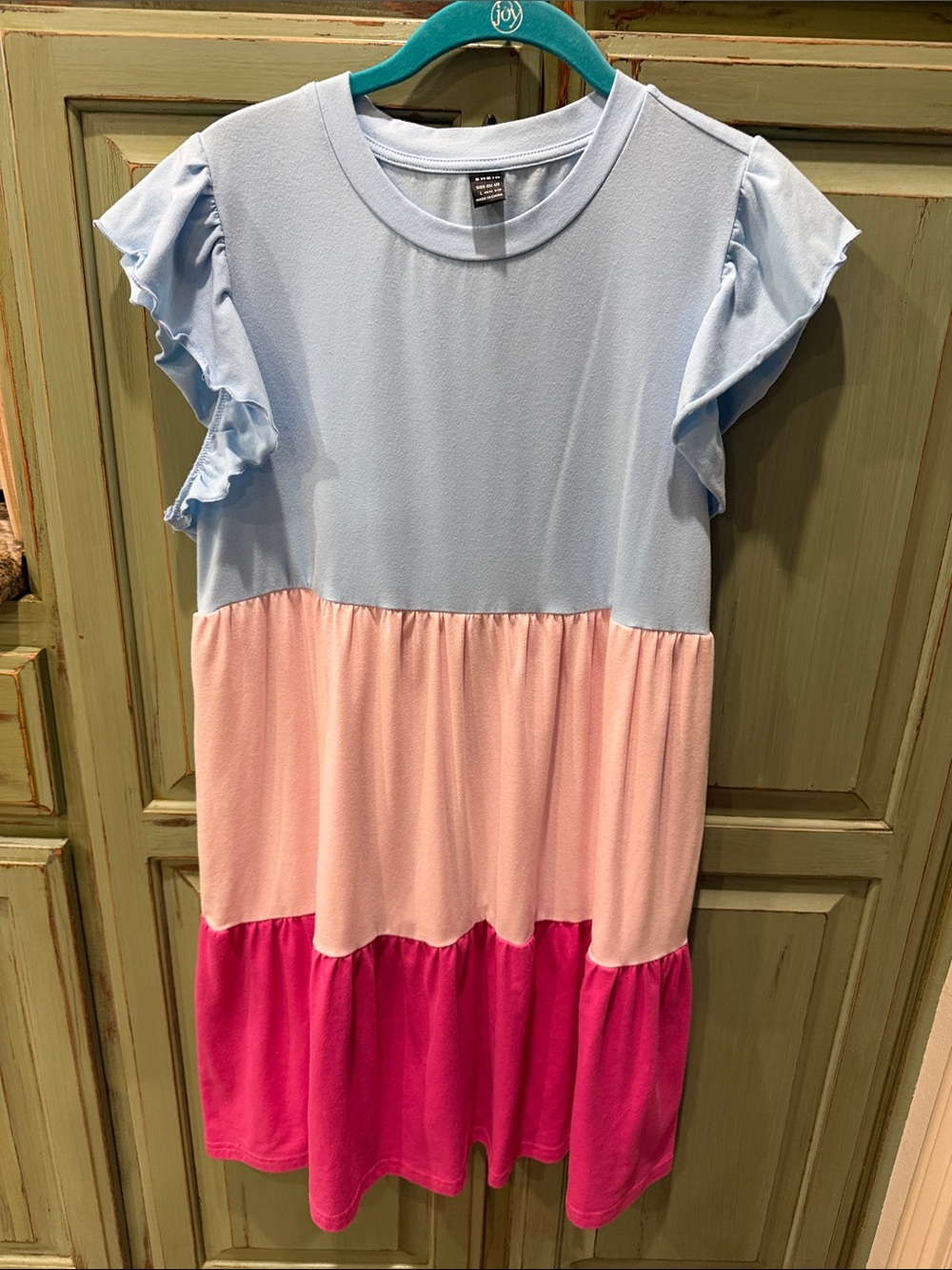 SHEIN Blue, Pink & Fuchsia Colorblock Ruffle-Sleeve Casual Dress